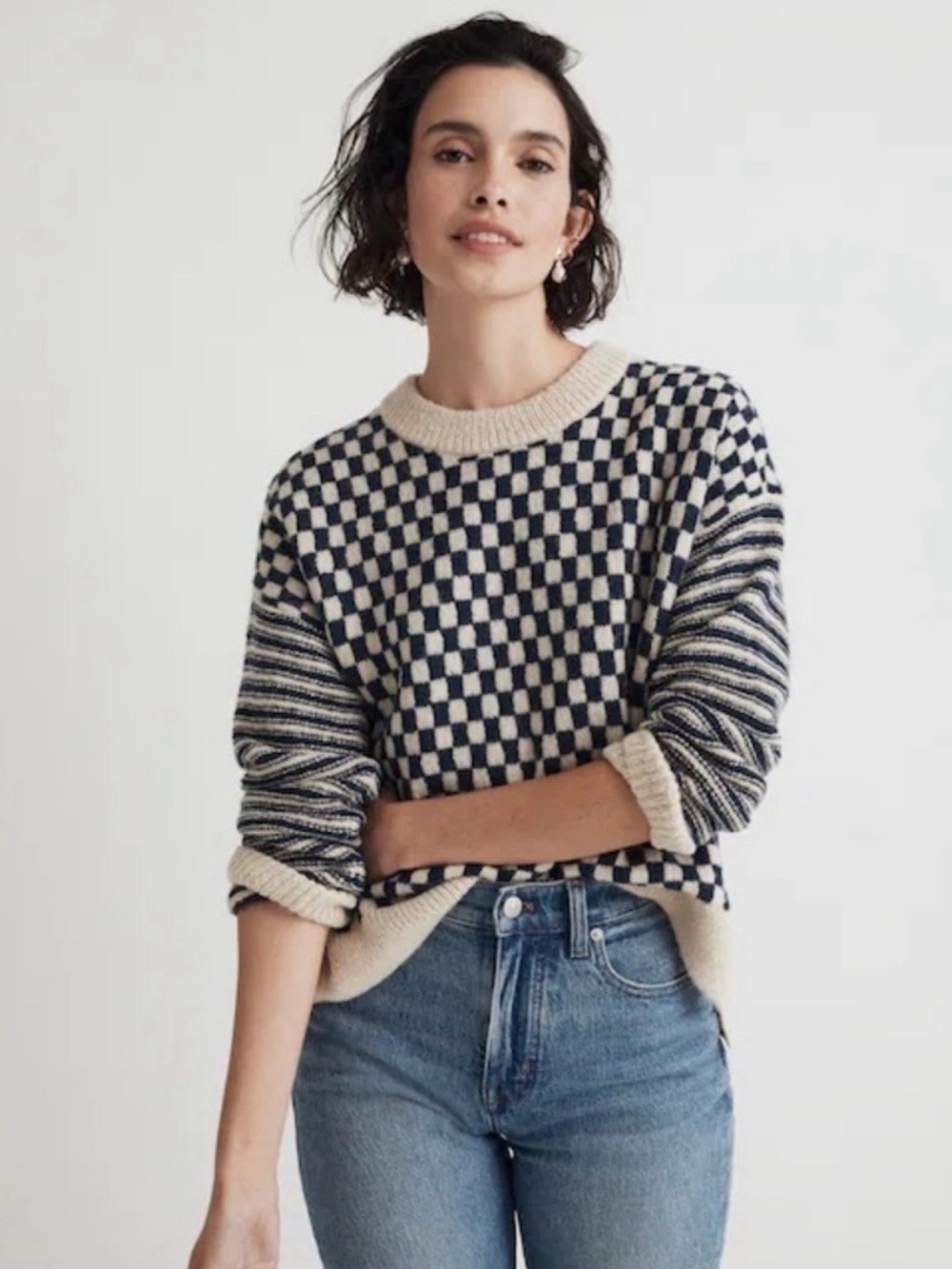 Madewell Crewneck Sweater in Checked Stripe – Size XS